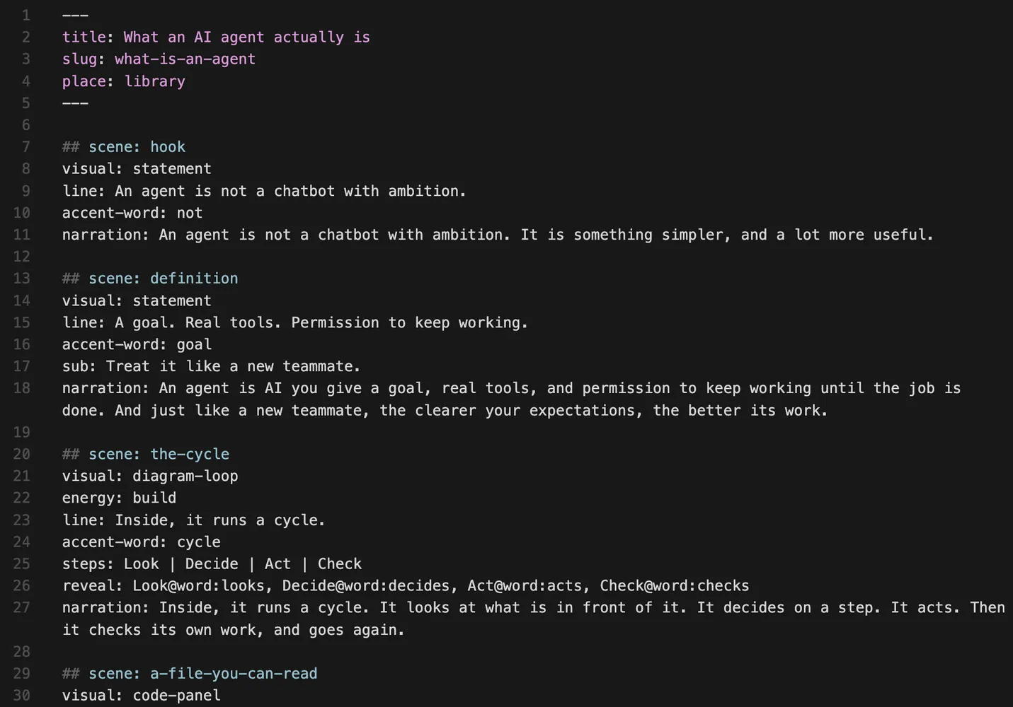 A script.md file for one of the videos, scene by scene.